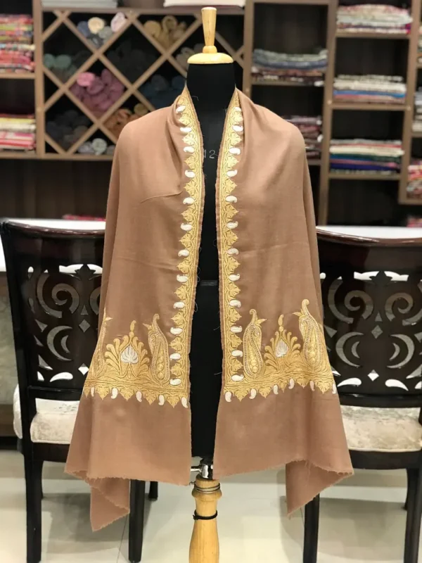 Brown Pure Pashmina Shawl With Zari Hand Embroidery