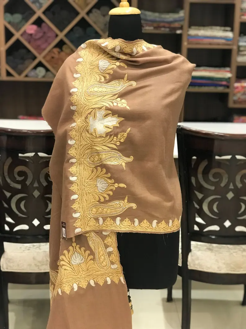 Brown Pure Pashmina Shawl With Zari Hand Embroidery