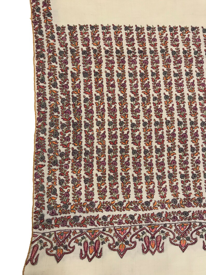 Natural White Papier Mache Hand Embroidered Pure Pashmina Shawl