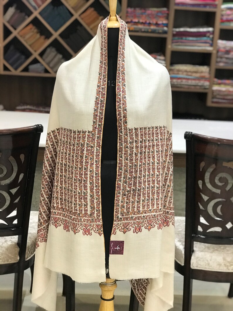 Natural White Papier Mache Hand Embroidered Pure Pashmina Shawl