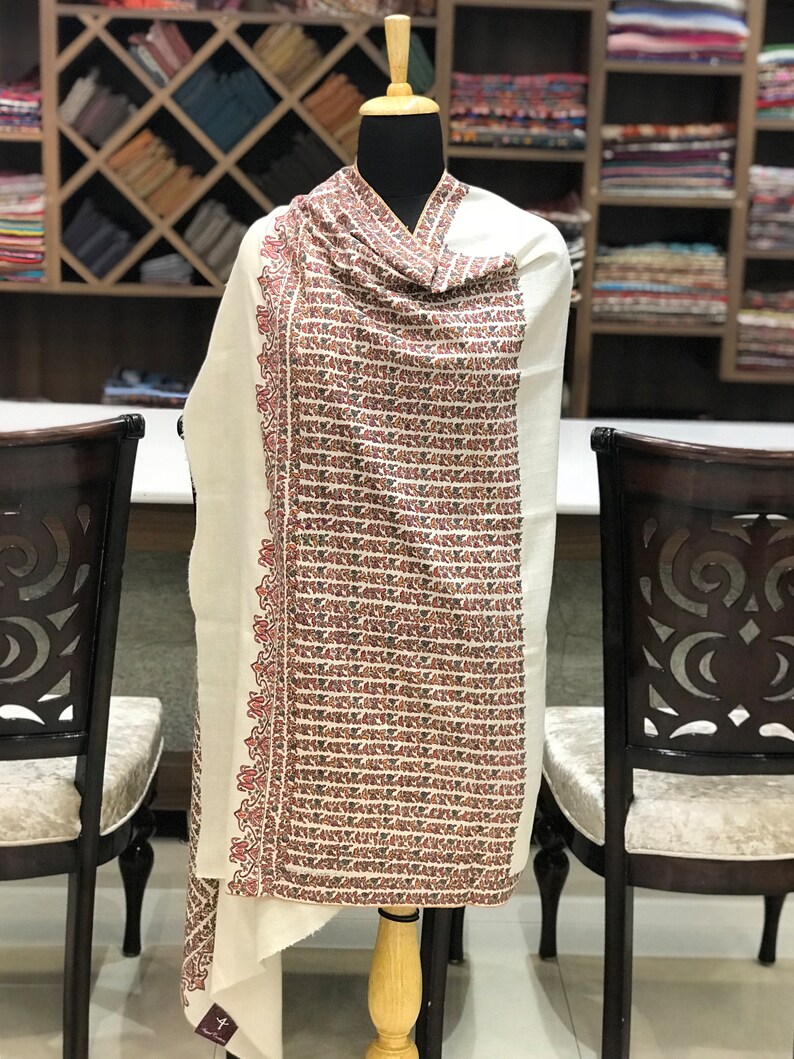 Natural White Papier Mache Hand Embroidered Pure Pashmina Shawl