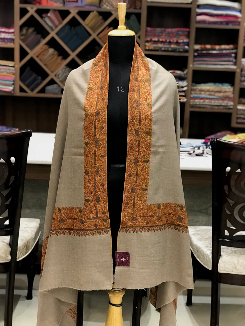 Natural Biege Pure Pashmina Shawl With Sozni hand Embroidery Natural Biege Pure Pashmina Shawl With Sozni hand Embroidery