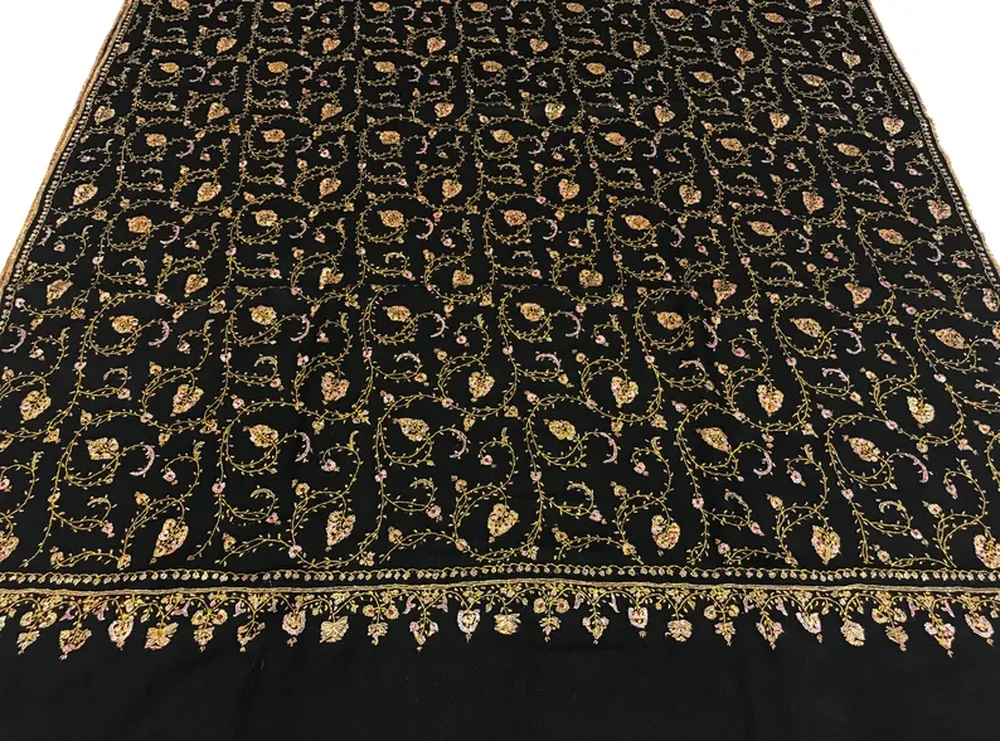 Black Pure Pashmina Shawl With Sozni hand Embroidery