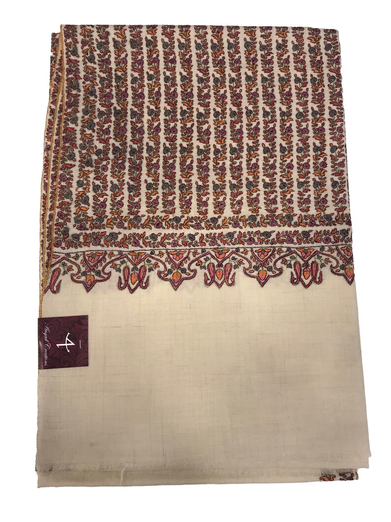 Natural White Papier Mache Hand Embroidered Pure Pashmina Shawl