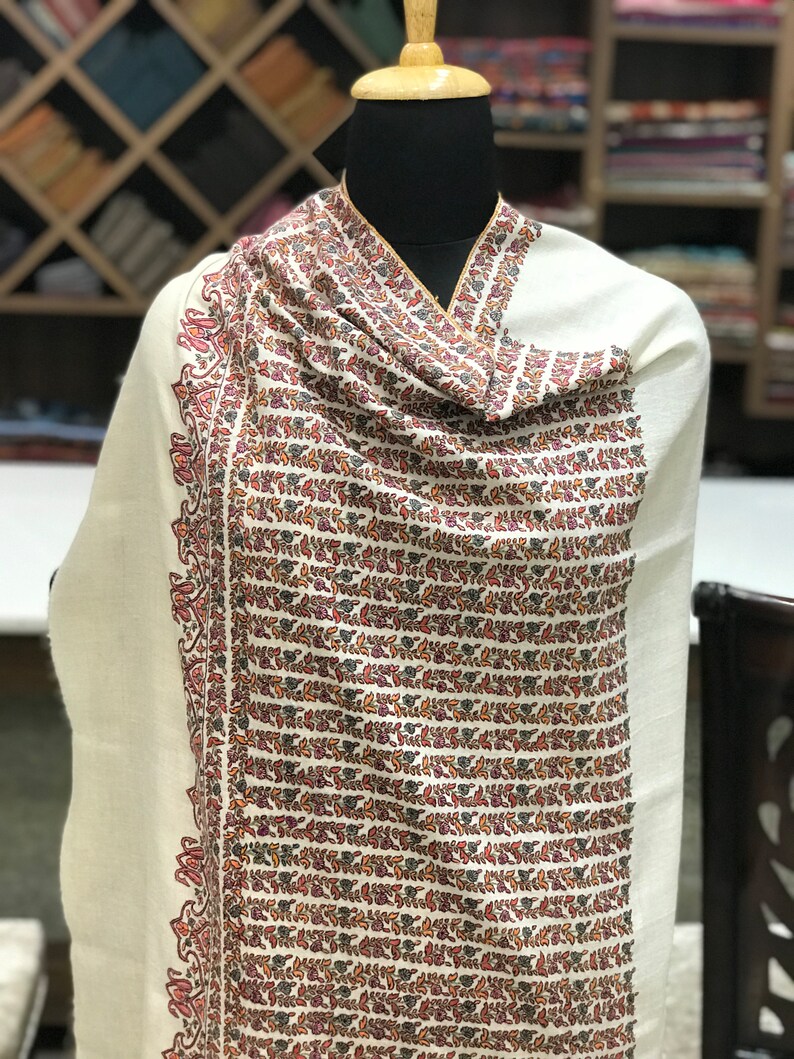 Natural White Papier Mache Hand Embroidered Pure Pashmina Shawl