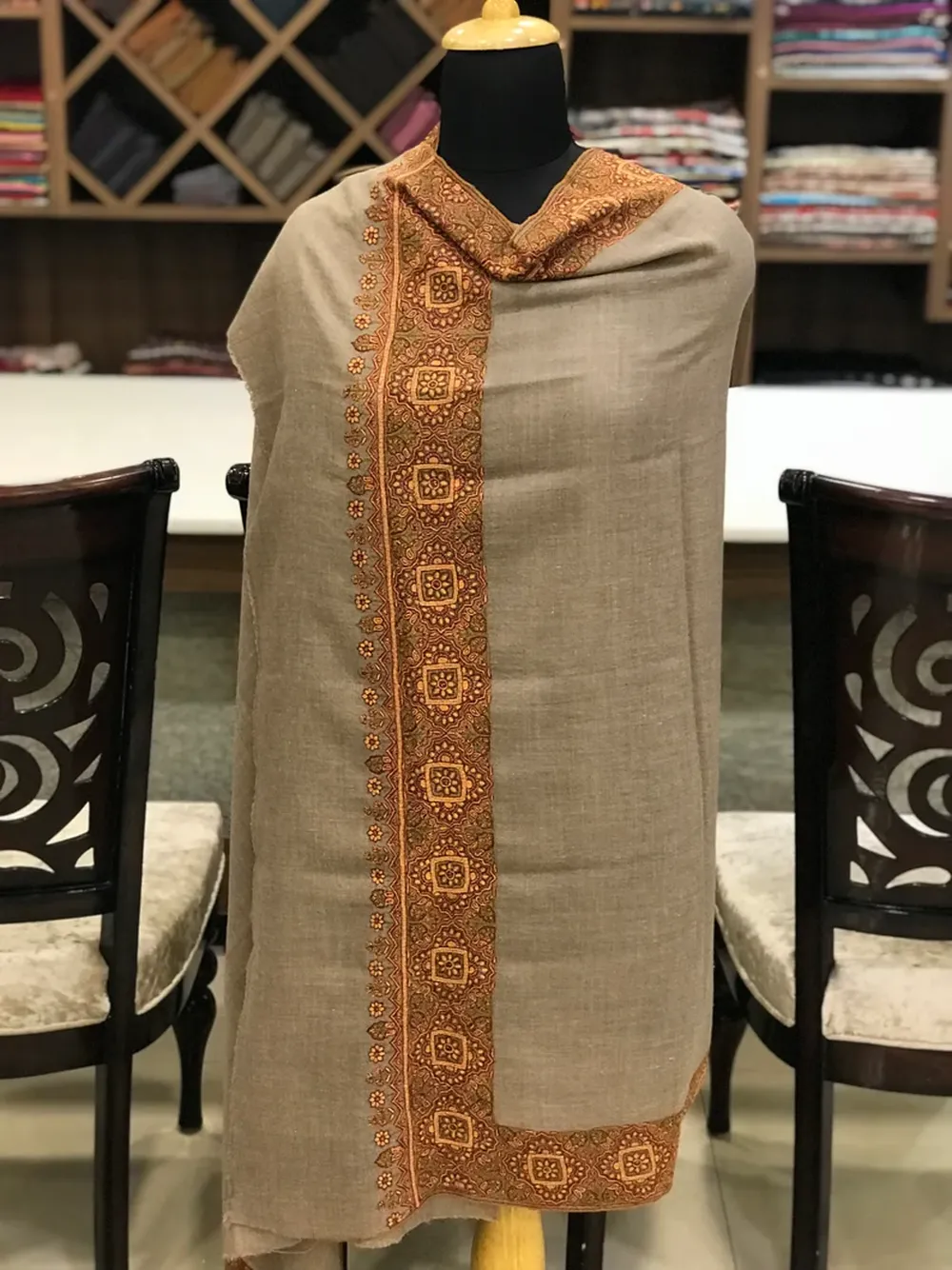Pure Pashmina Shawl Natural Beige With Sozni hand Embroidery
