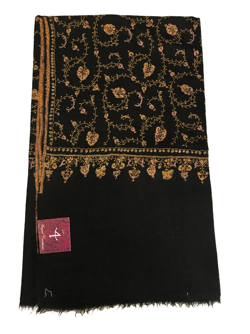 Black Pure Pashmina Shawl With Sozni hand Embroidery