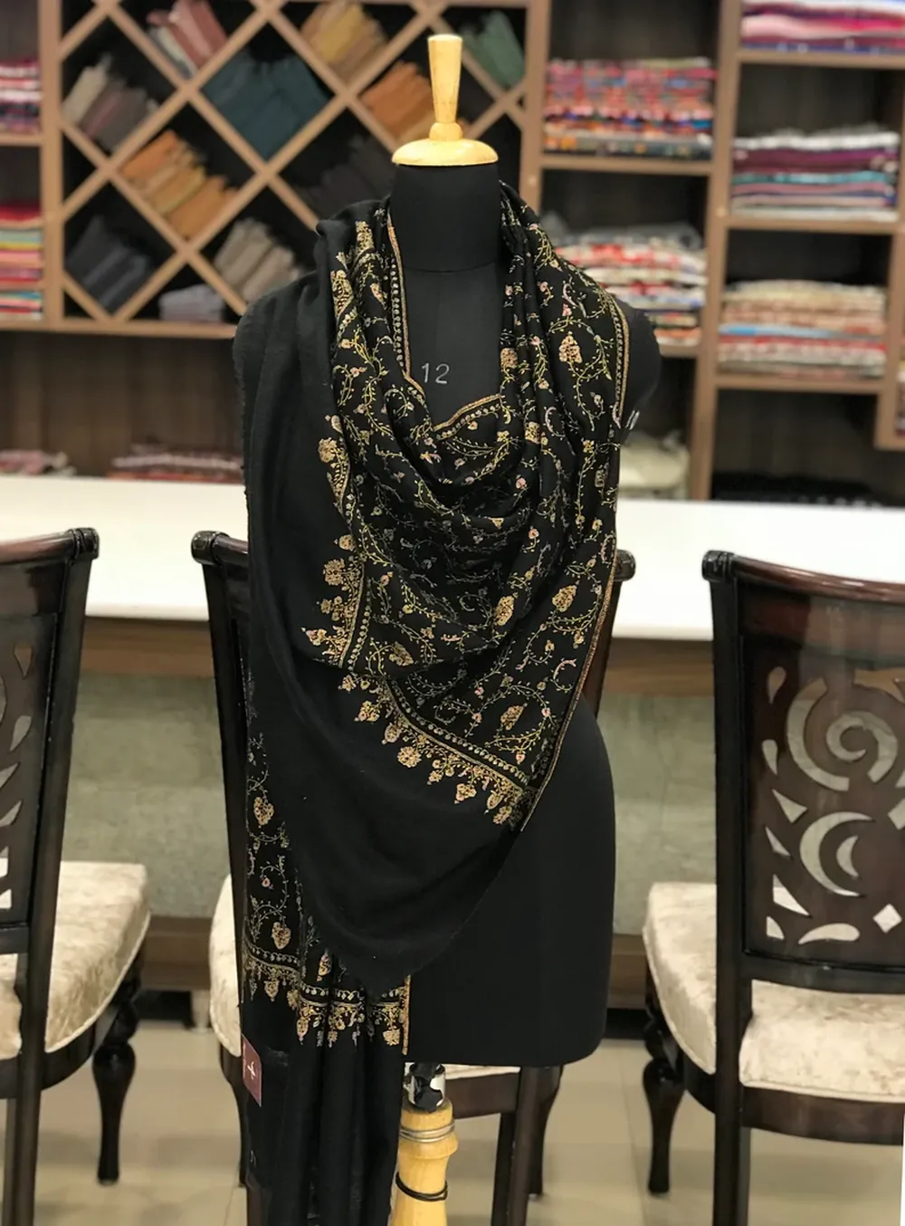 Black Pure Pashmina Shawl With Sozni hand Embroidery