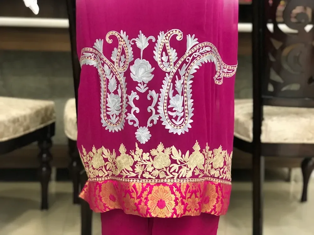 Grey (Pink Double Shaded) Zari & Aari Fusion Kashmiri Woman Suit