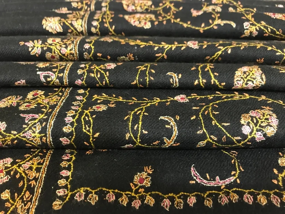 Black Pure Pashmina Shawl With Sozni hand Embroidery