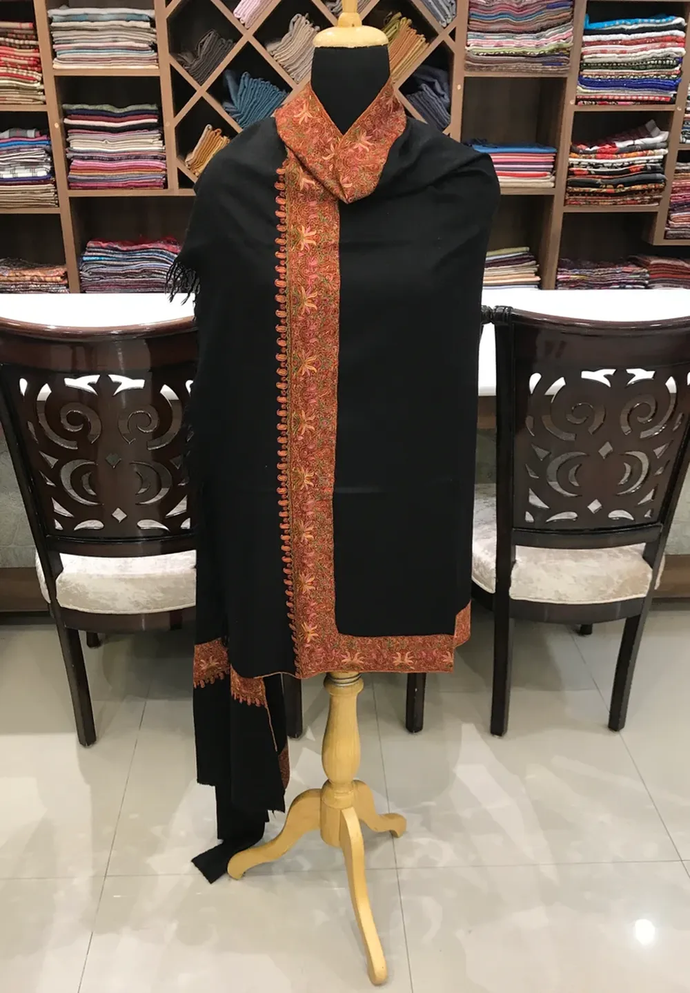 Floral Embroidered Black Pure Pashmina Sozni Shawl