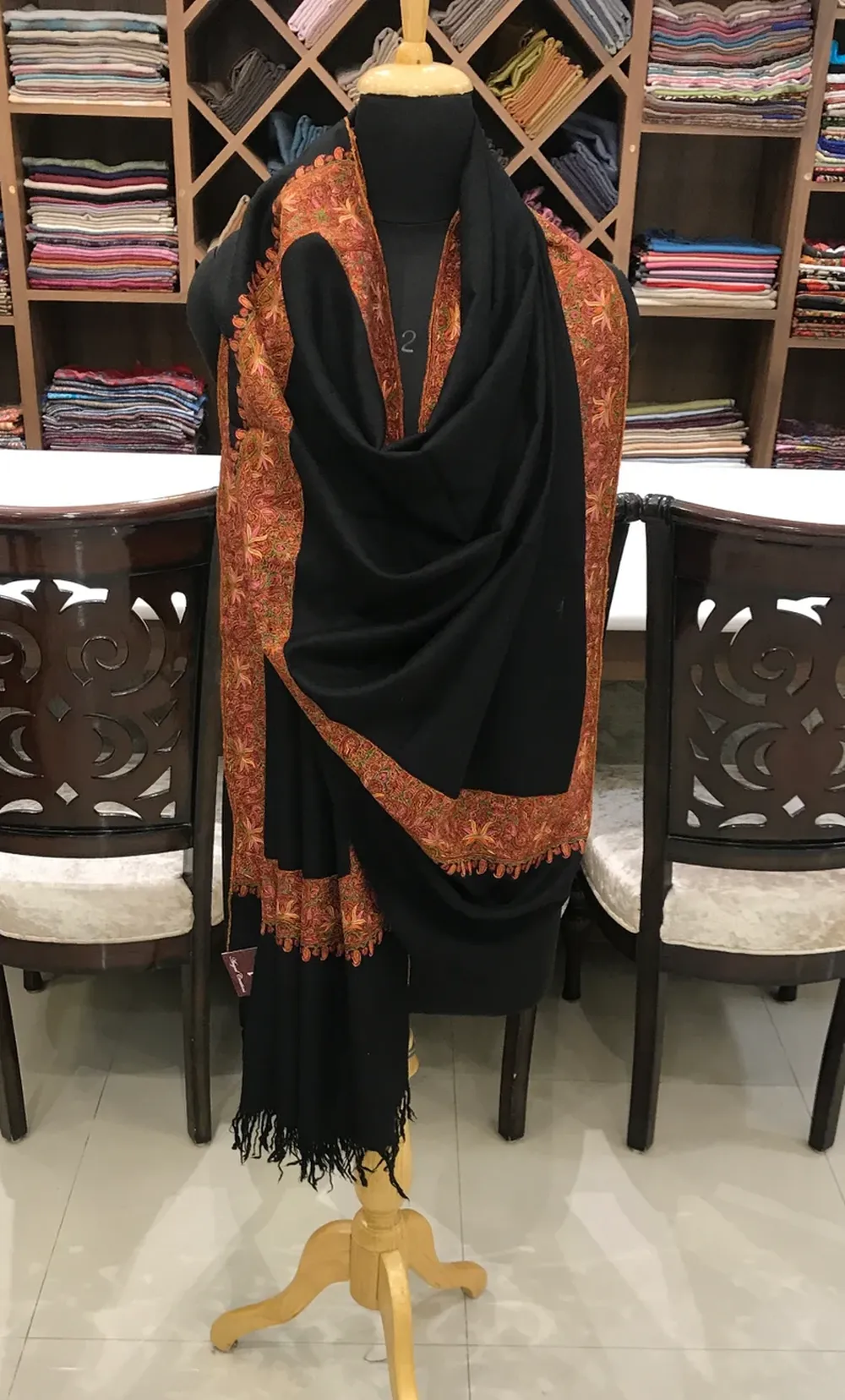 Floral Embroidered Black Pure Pashmina Sozni Shawl