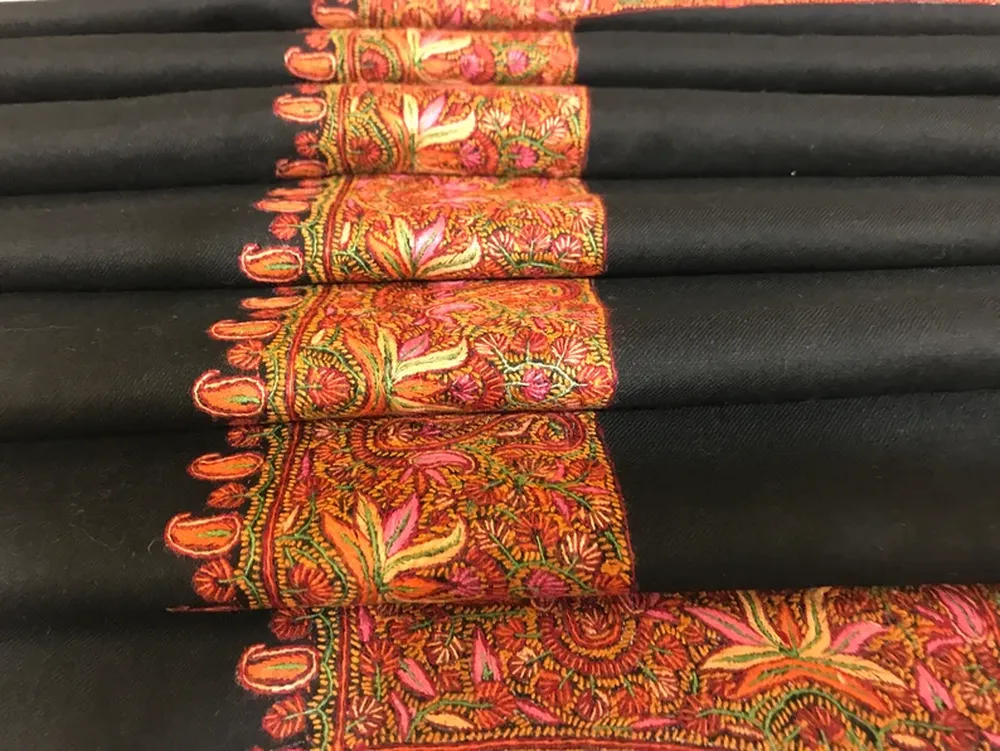 Floral Embroidered Black Pure Pashmina Sozni Shawl