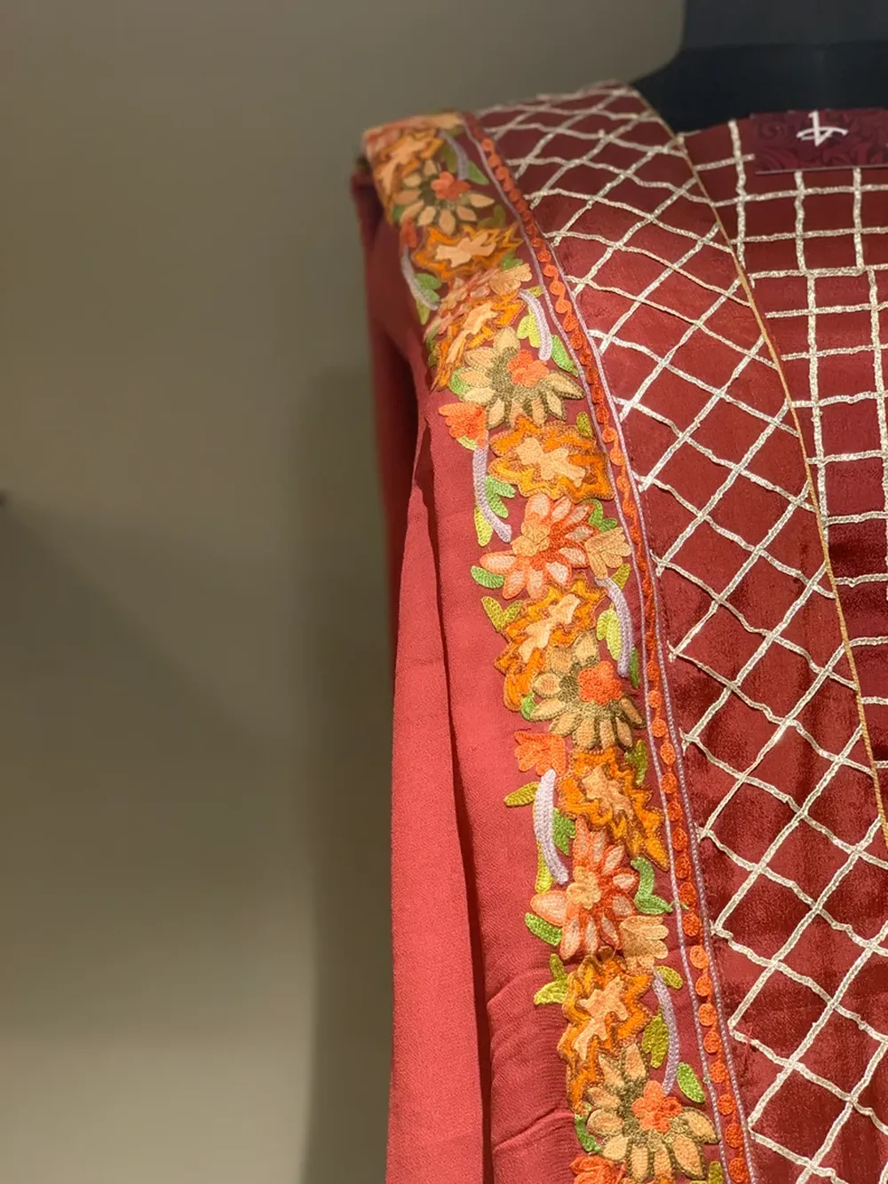 Red Gota & Aari Fusion Embroidered Kashmiri Suit