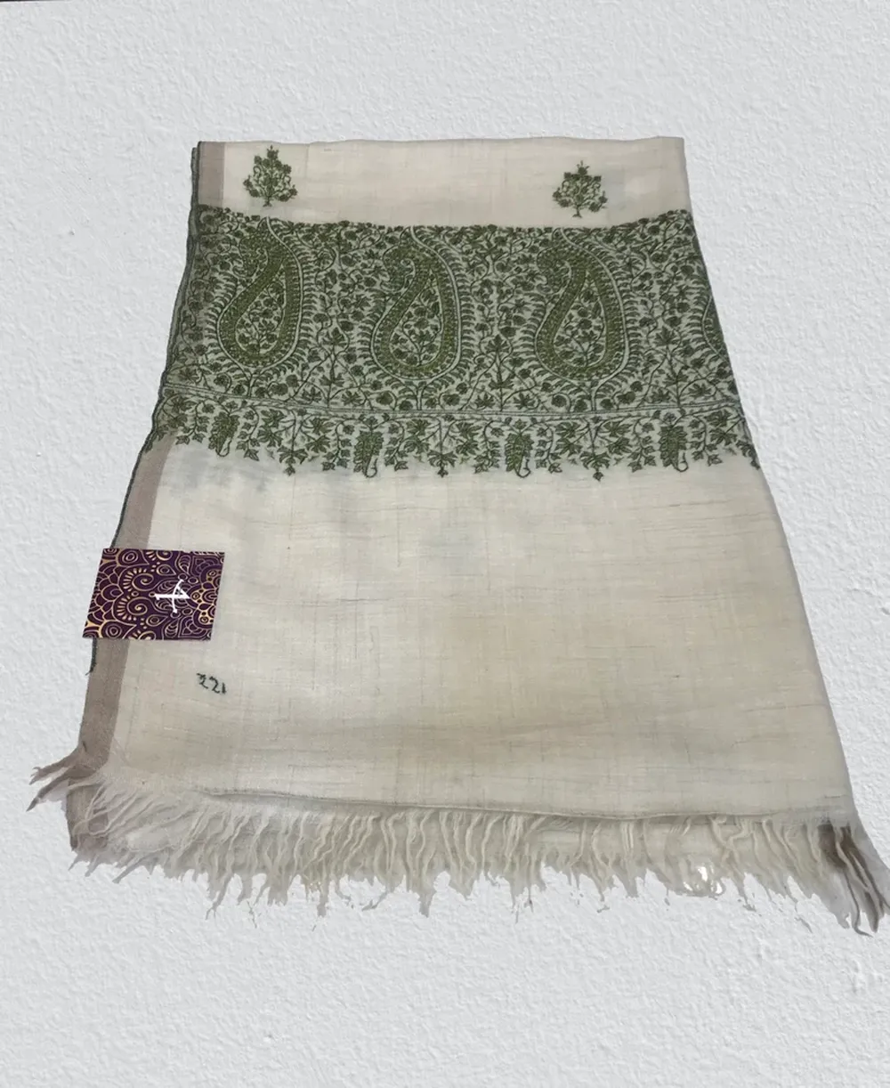 Pure Pashmina Shawl Natural White With Sozni Hand Embroidery
