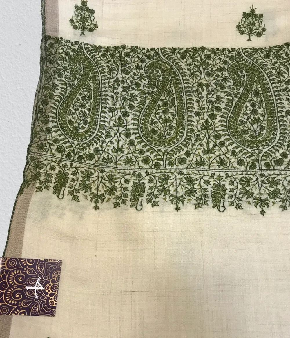 Pure Pashmina Shawl Natural White With Sozni Hand Embroidery