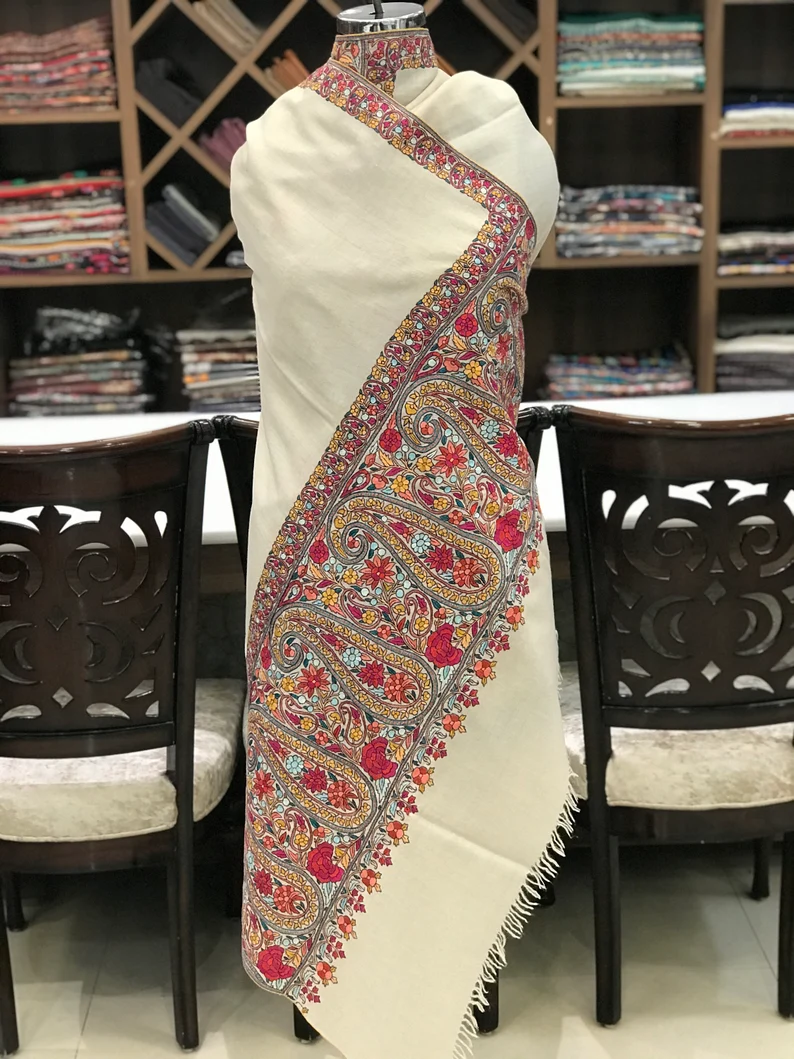 Natural White Papier Mache Hand Embroidered Pure Pashmina Shawl Natural White Papier Mache Hand Embroidered Pure Pashmina Shawl