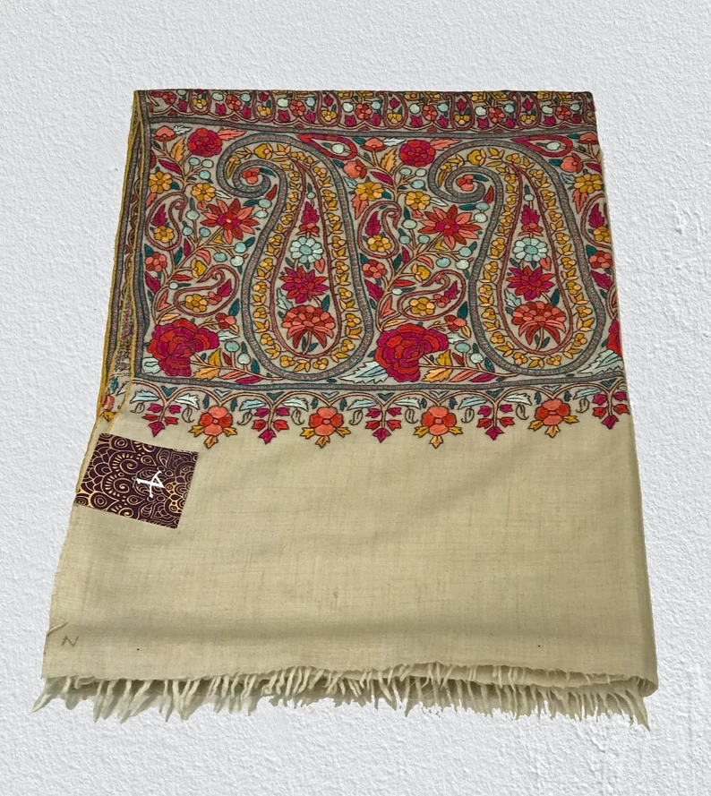 Natural White Papier Mache Hand Embroidered Pure Pashmina Shawl.2242871072_dk55 Natural White Papier Mache Hand Embroidered Pure Pashmina Shawl