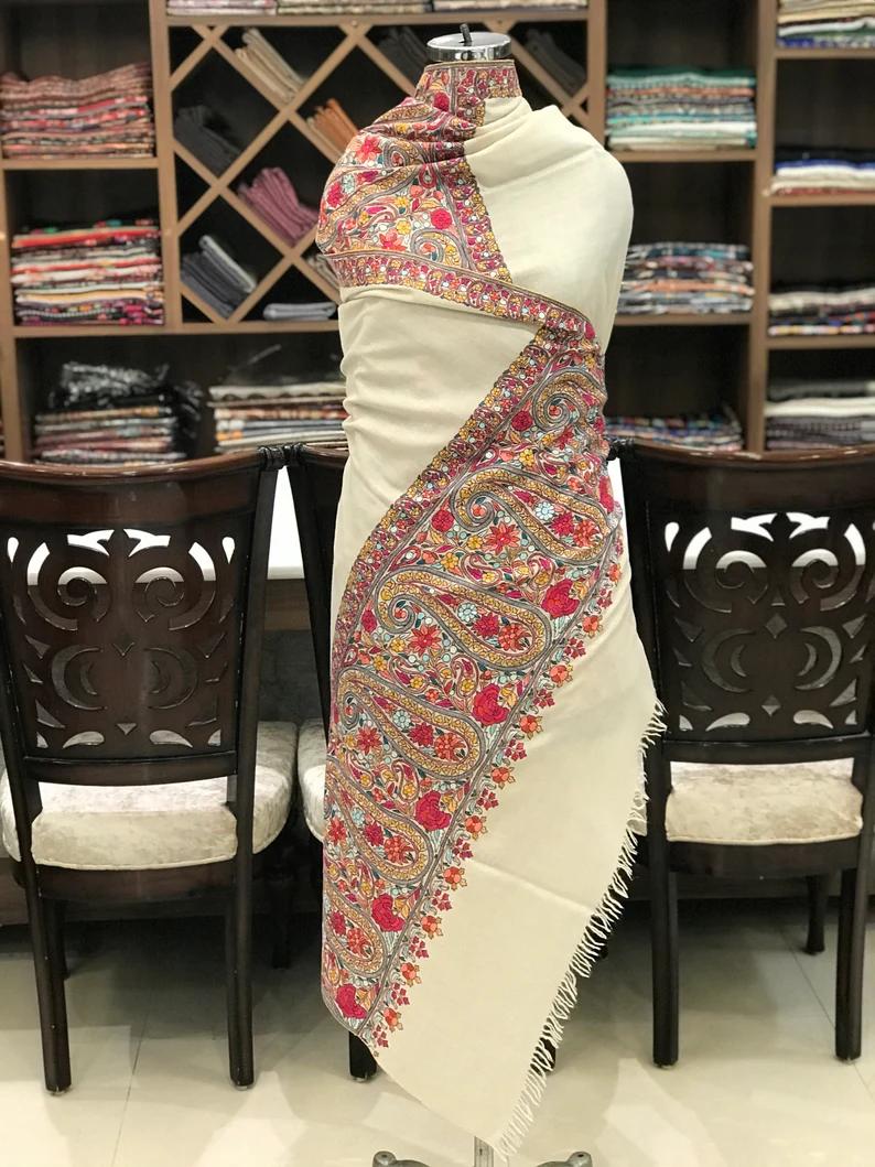 Natural White Papier Mache Hand Embroidered Pure Pashmina Shawl Natural White Papier Mache Hand Embroidered Pure Pashmina Shawl