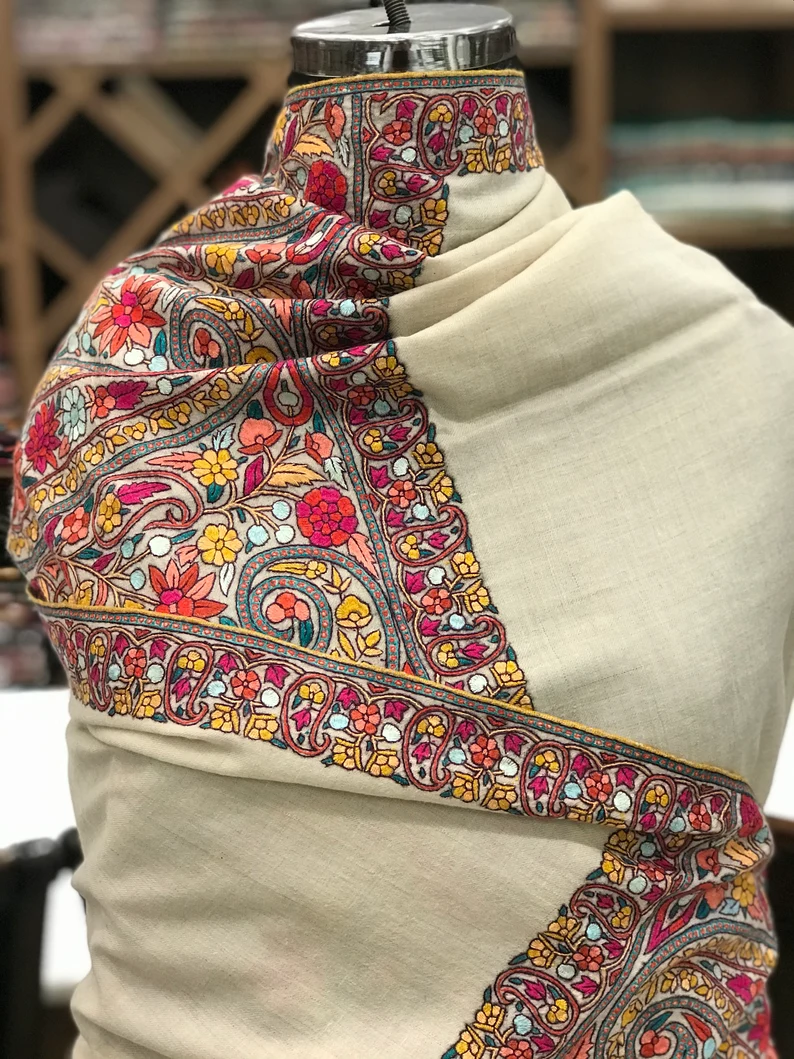 Natural White Papier Mache Hand Embroidered Pure Pashmina Shawl.2290467273_32oe Natural White Papier Mache Hand Embroidered Pure Pashmina Shawl