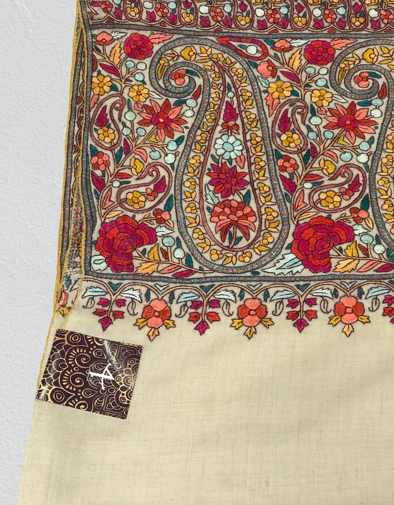 Natural White Papier Mache Hand Embroidered Pure Pashmina Shawl Natural White Papier Mache Hand Embroidered Pure Pashmina Shawl