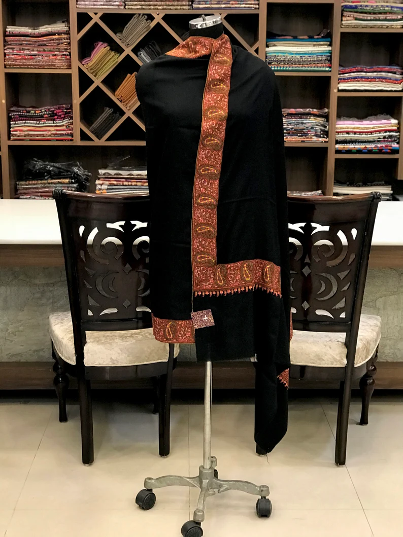 Black Pure Pashmina Shawl With Sozni hand Embroidery Black Pure Pashmina Shawl With Sozni hand Embroidery