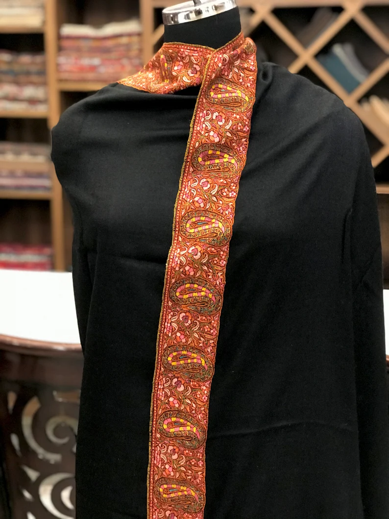 Black Pure Pashmina Shawl With Sozni hand Embroidery Front Black Pure Pashmina Shawl With Sozni hand Embroidery Front