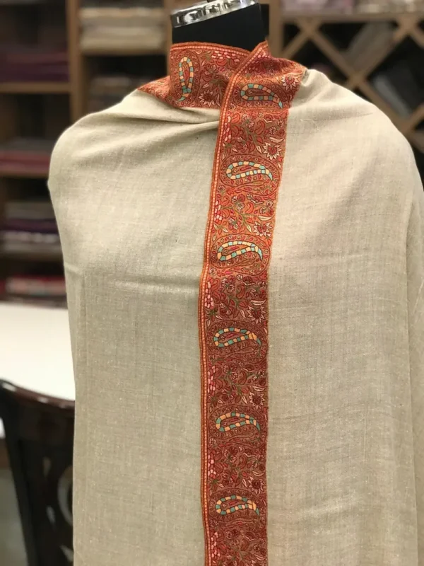 Multi Coloured Paisley Embroidered Natural Pure Pashmina Shawl With Sozni hand Embroidery