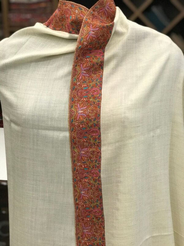 Sozni Hand Embroidered Natural Pure Pashmina Shawl