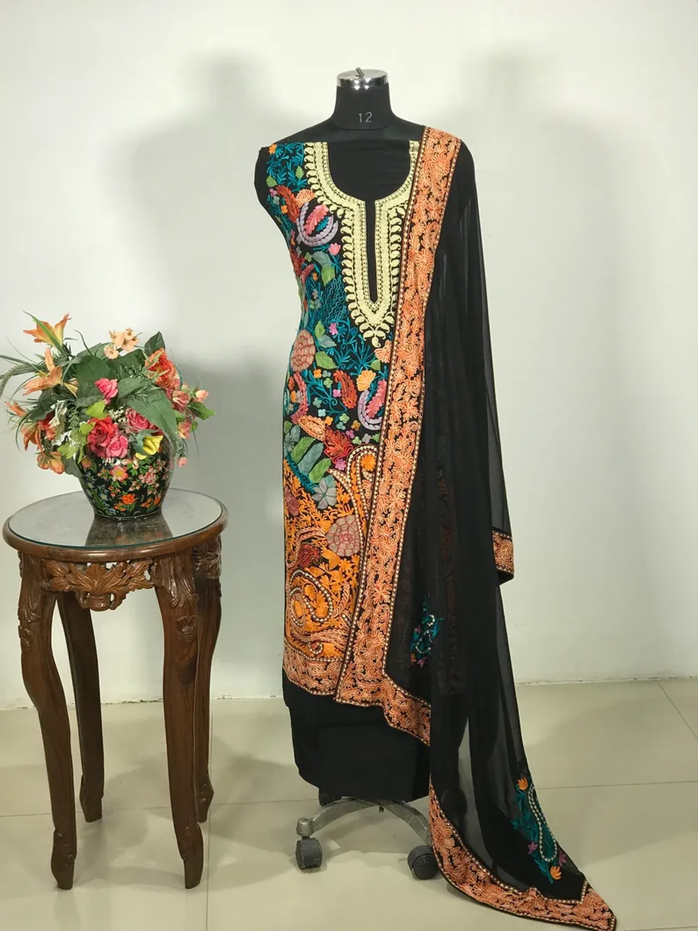 Black Tilla & Aari Fusion Embroidered Kashmiri Suit