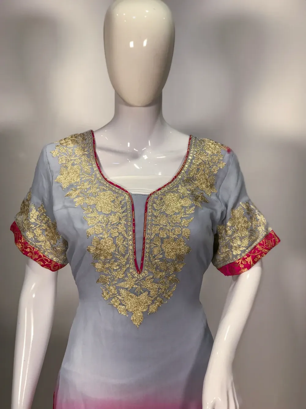 Grey (Pink Double Shaded) Zari & Aari Fusion Kashmiri Woman Suit