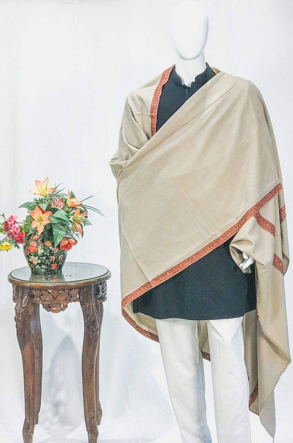 Pure Pashmina Shawl Natural Beige With Sozni Hand Embroidery