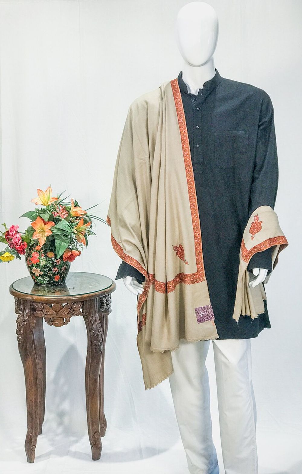 Pure Pashmina Shawl Natural Beige With Sozni Hand Embroidery