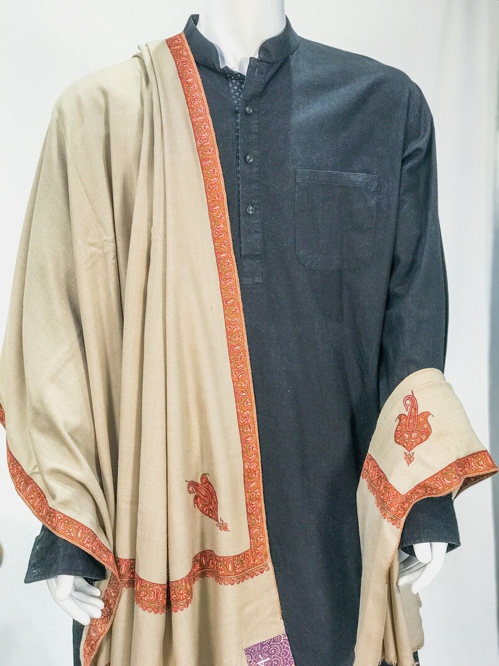 Pure Pashmina Shawl Natural Beige With Sozni Hand Embroidery