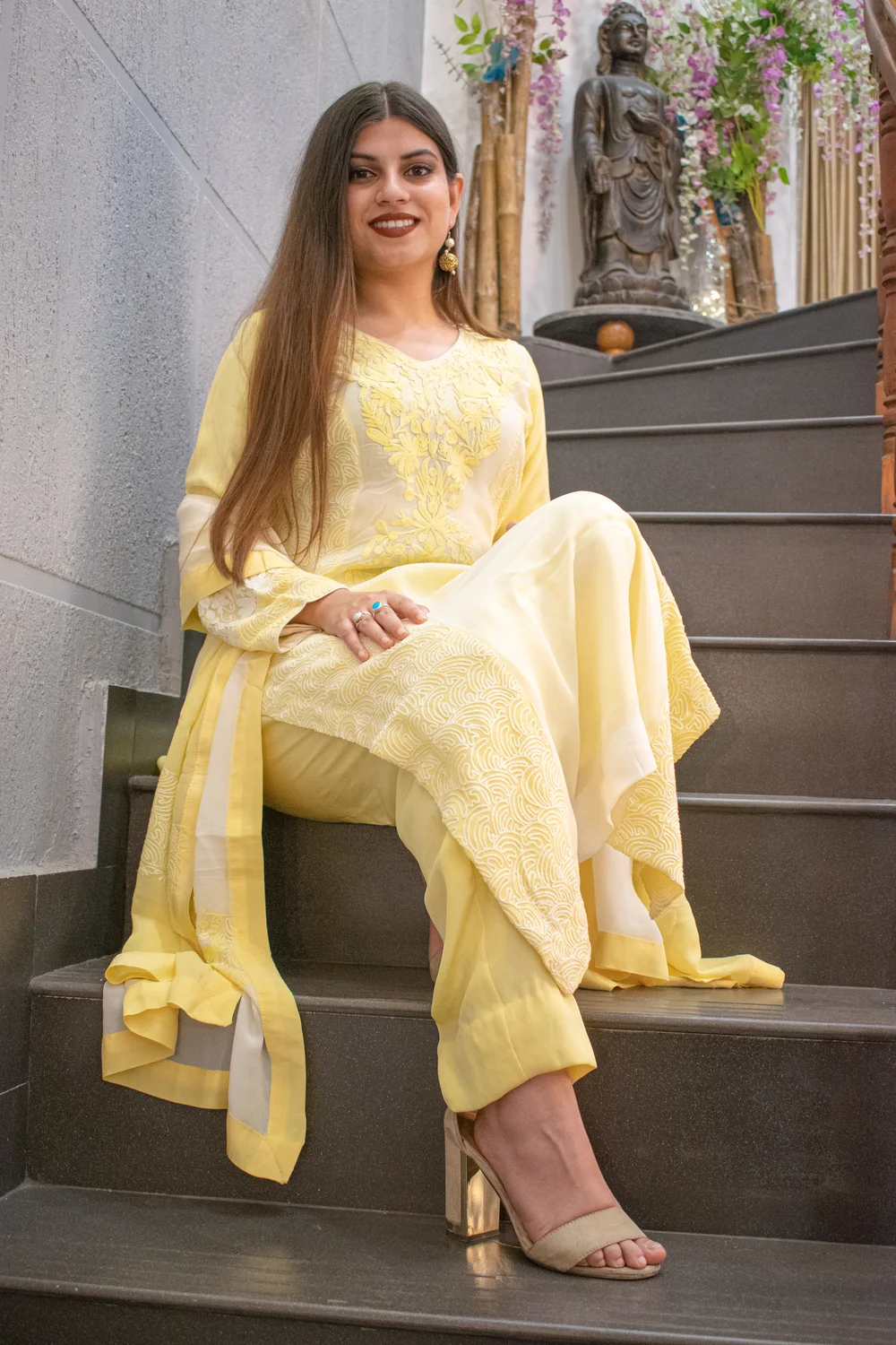 Off-White and Yellow Salwar Suit with Kashmiri Embroidery Front Off-White and Yellow Salwar Suit with Kashmiri Embroidery Front