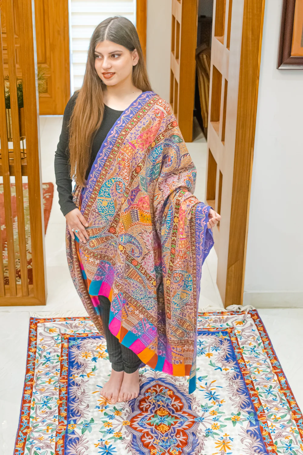 Multi Coloured Pure Pashmina Shawl With Artistic Kalamkari Hand Embroidery Hand Paint Multi Coloured Pure Pashmina Shawl With Artistic Kalamkari Hand Embroidery Hand Paint