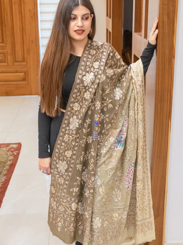 Olive Green Pure Pashmina Ombrey Shawl With Tilla Jaal Hand Embroidery