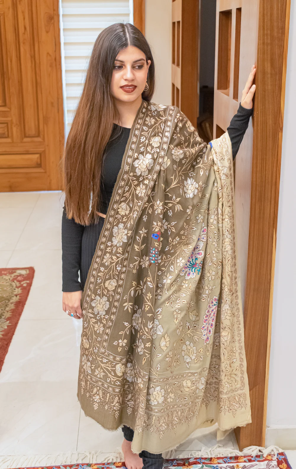 Olive Green Pure Pashmina Ombrey Shawl With Tilla Jaal Hand Embroidery