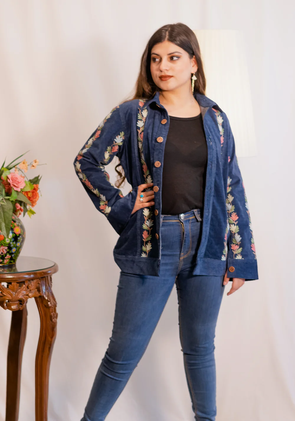 Denim Velvet Jacket with Kashmiri Multi-Colour Aari Embroidery