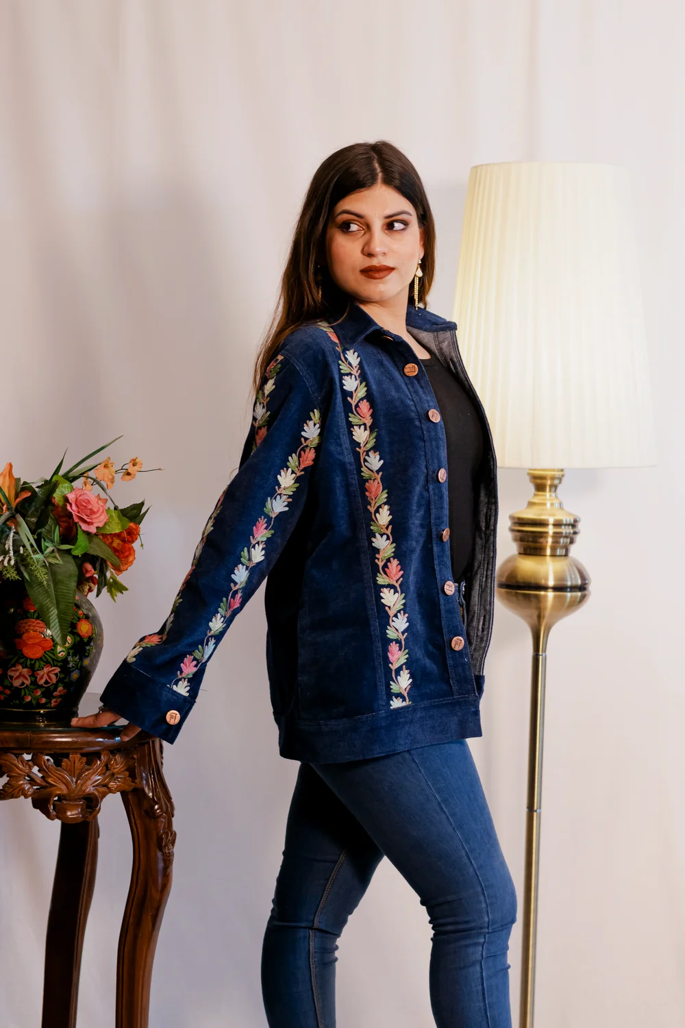 Denim Velvet Jacket with Kashmiri Multi-Colour Aari Embroidery front