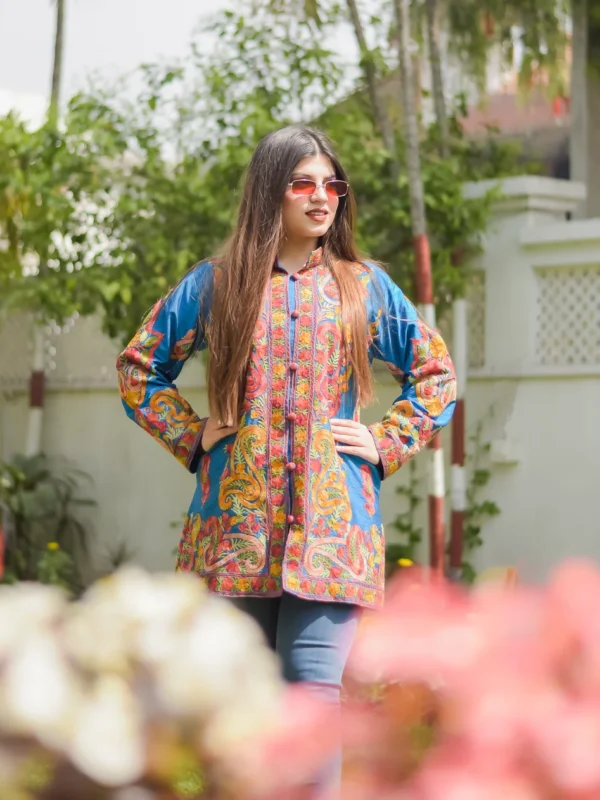 Blue Art Raw Silk Jacket with Multi-Color Aari Embroidery
