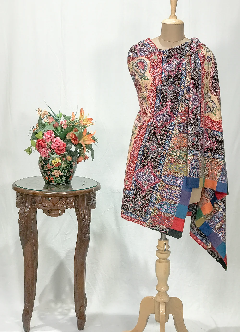 Red with Multi-Colour Kalamkari Embroidery Pure Pashmina Shawl
