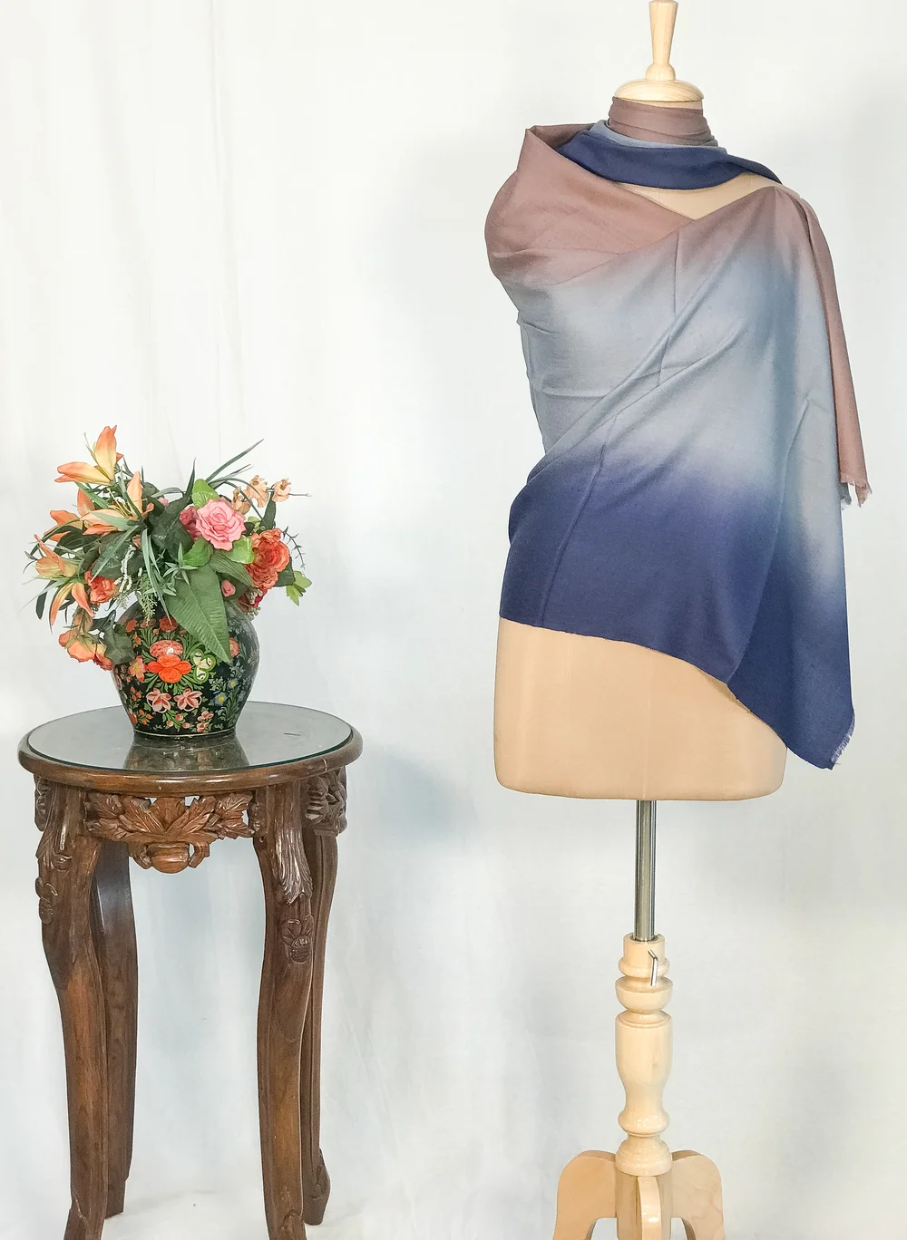 Navy Blue, Sky Blue and Peach Pure Pashmina Ombre Scarf