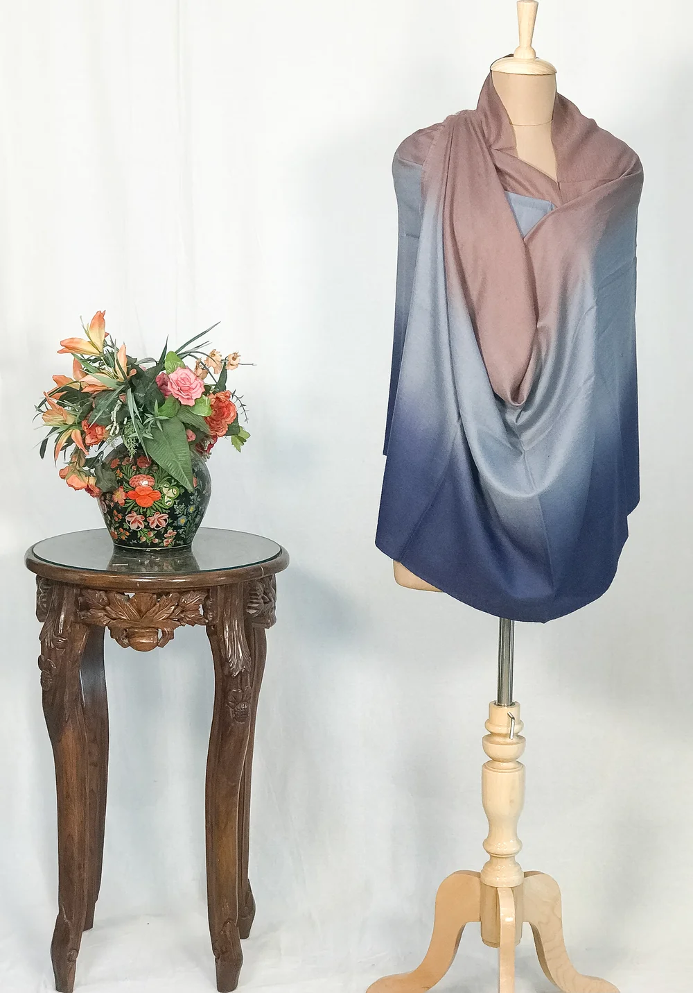 Navy Blue, Sky Blue and Peach Pure Pashmina Ombre Shawl