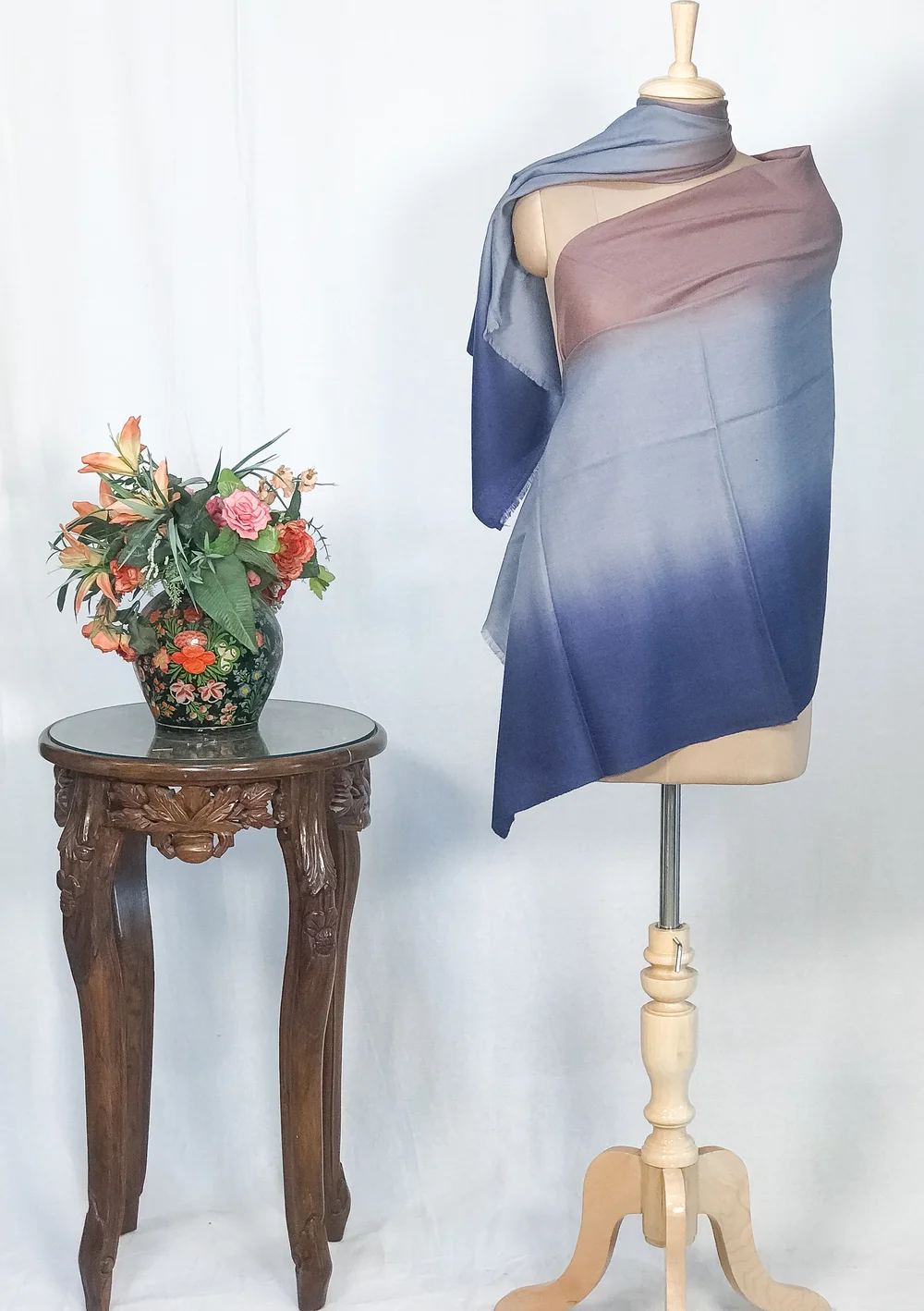 Navy Blue, Sky Blue and Peach Pure Pashmina Ombre Shawl