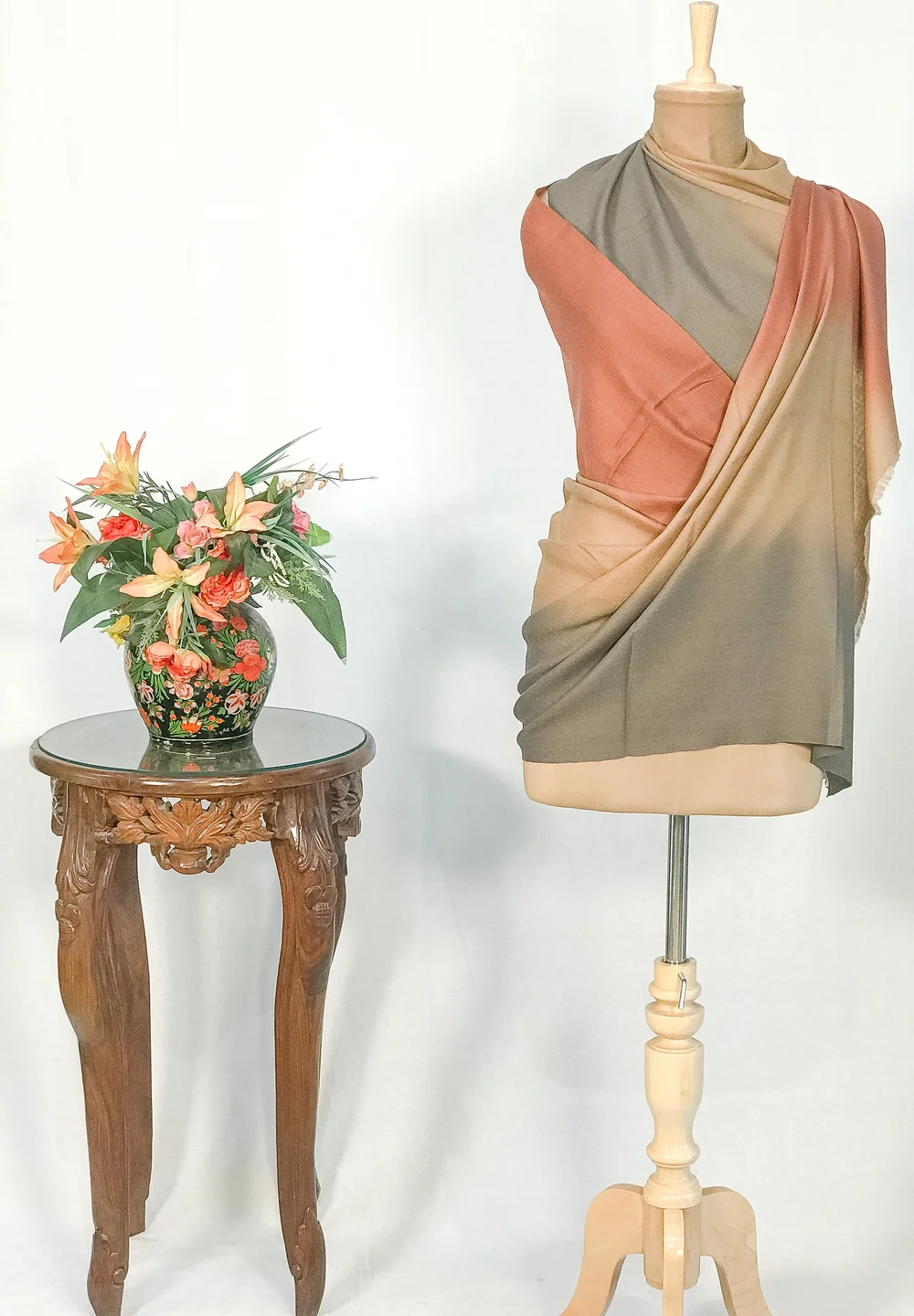 Green, Brown and Peach Pure Pashmina Scarf