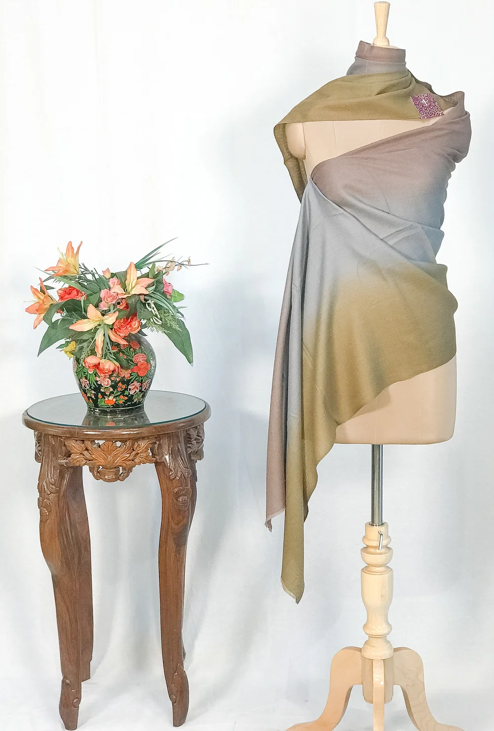 Green, Grey and Mauve Pure Pashmina Scarf