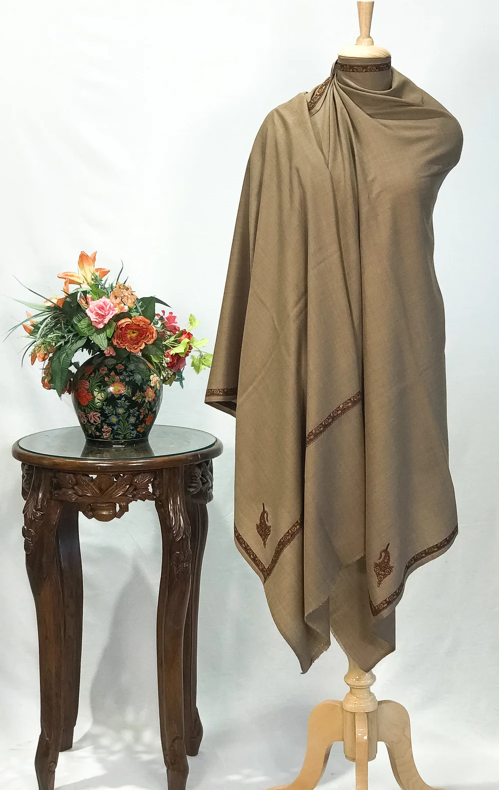 Intricate Sozni Embroidery Beige Pure Wool Shawl