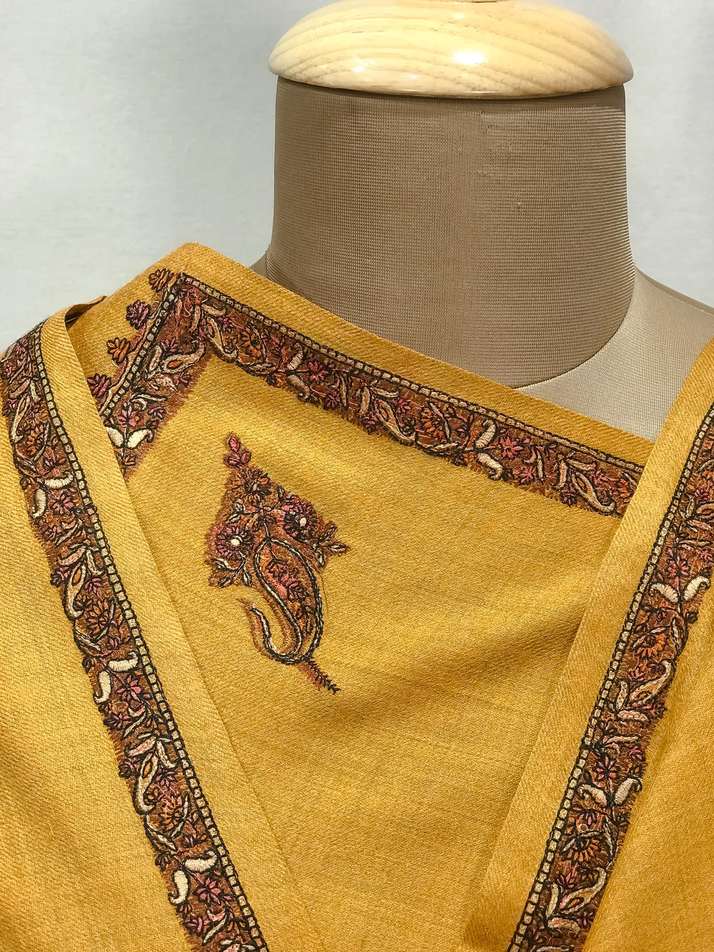 Sozni Embroidered Mustard Coloured Pure Wool Shawl