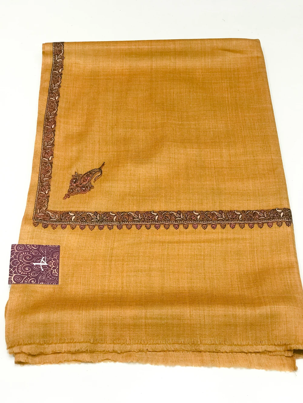 Sozni Embroidered Mustard Coloured Pure Wool Shawl